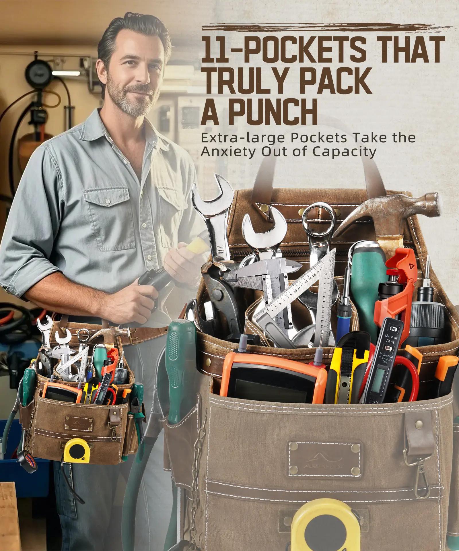 11-Pocket Tool Belt Pouch with Hammer Loop & Tape Clip For Electrician & Carpenter - Image 2
