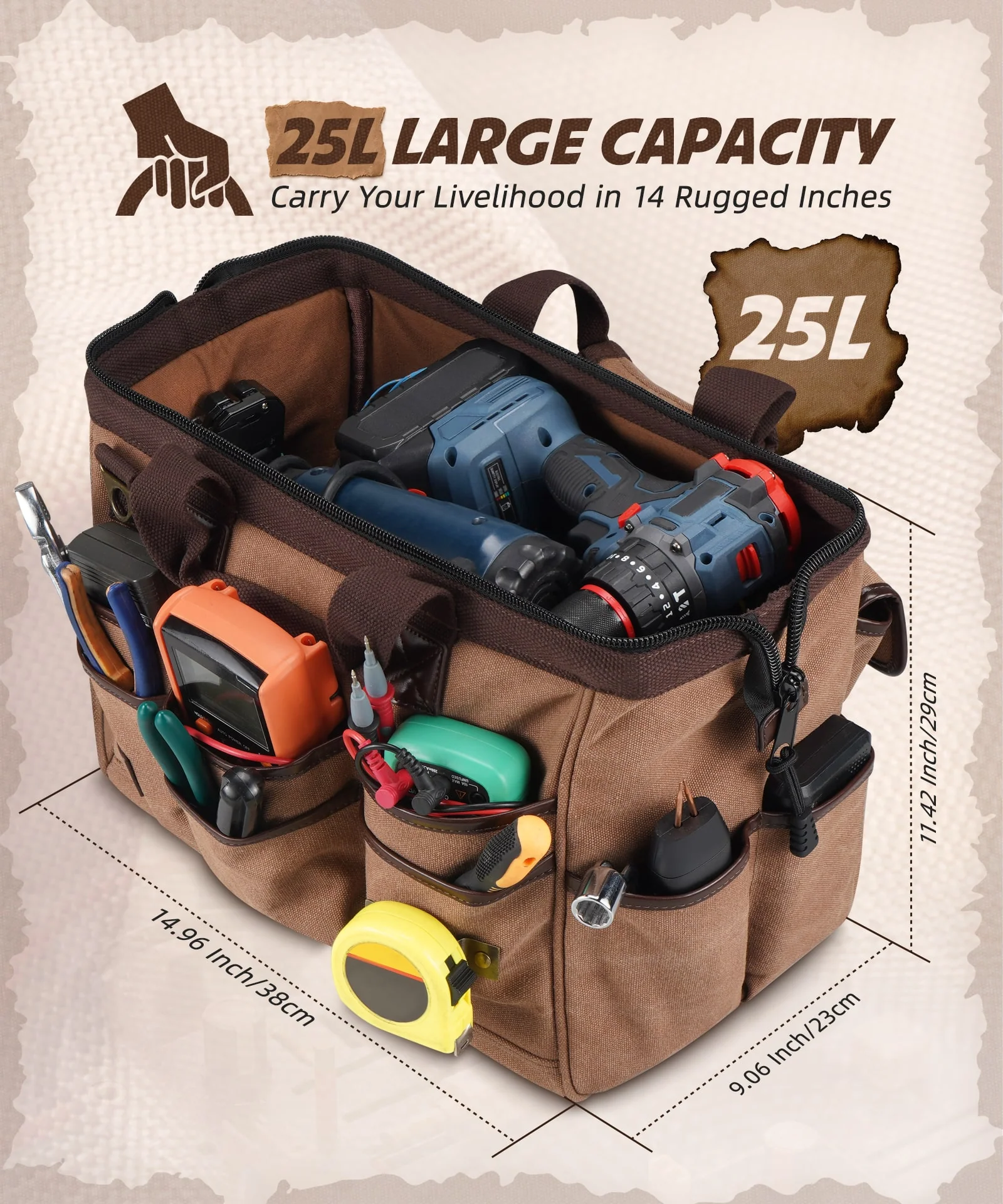 ARCFOX Canvas 25L 21-Pockets Tool Bag For  Electrician Mechanic Carpenter Construction - Image 4