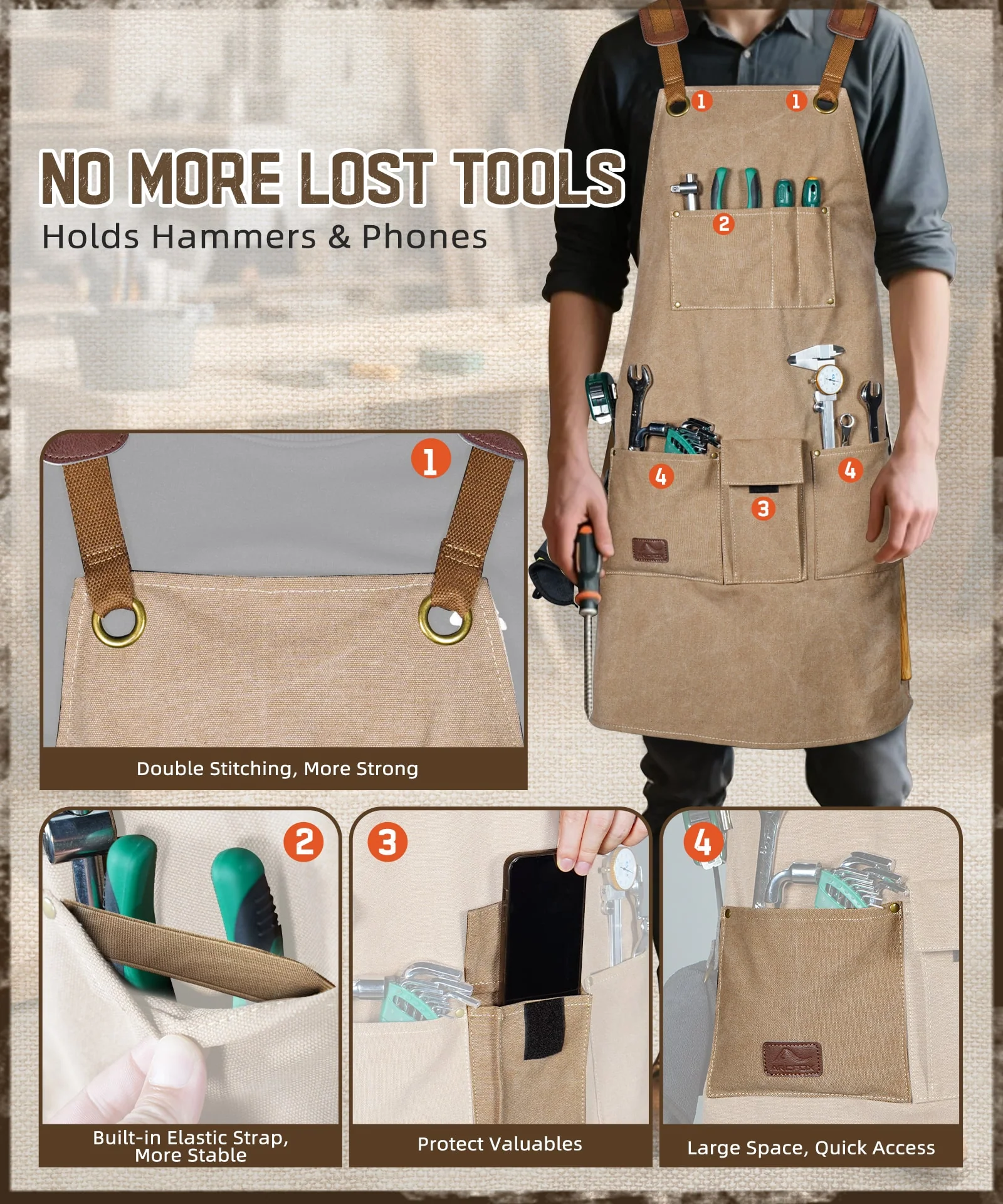 ARCFOX Heavy Duty Canvas Woodworking Mechanics Apron with 9 Pockets - Image 3