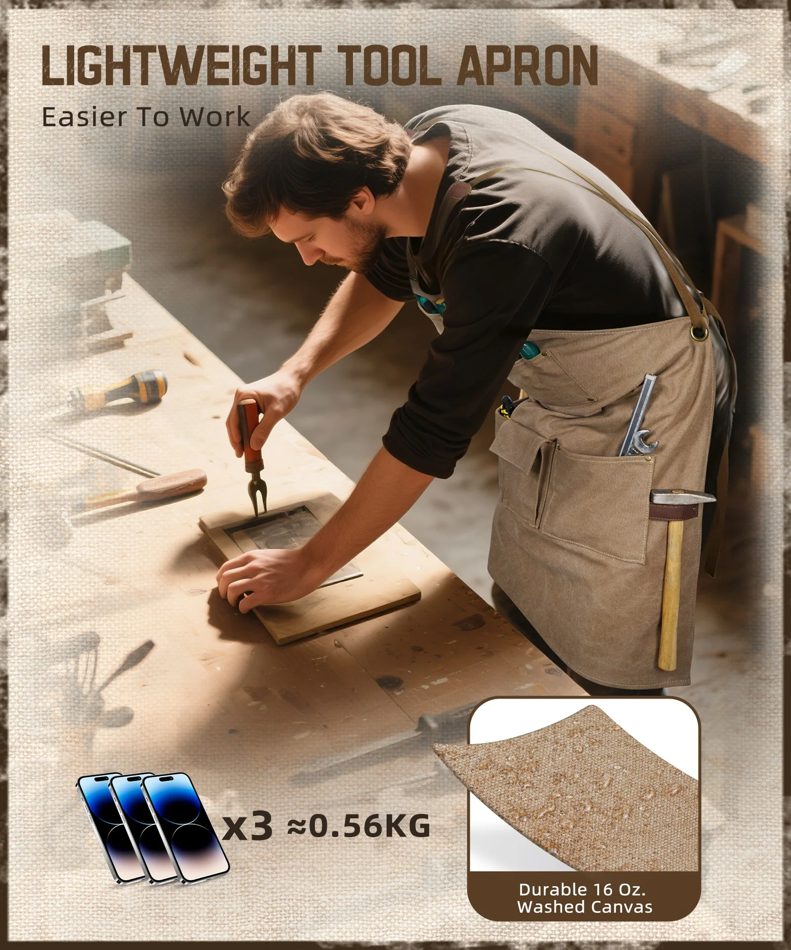 ARCFOX Heavy Duty Canvas Woodworking Mechanics Apron with 9 Pockets - Image 7