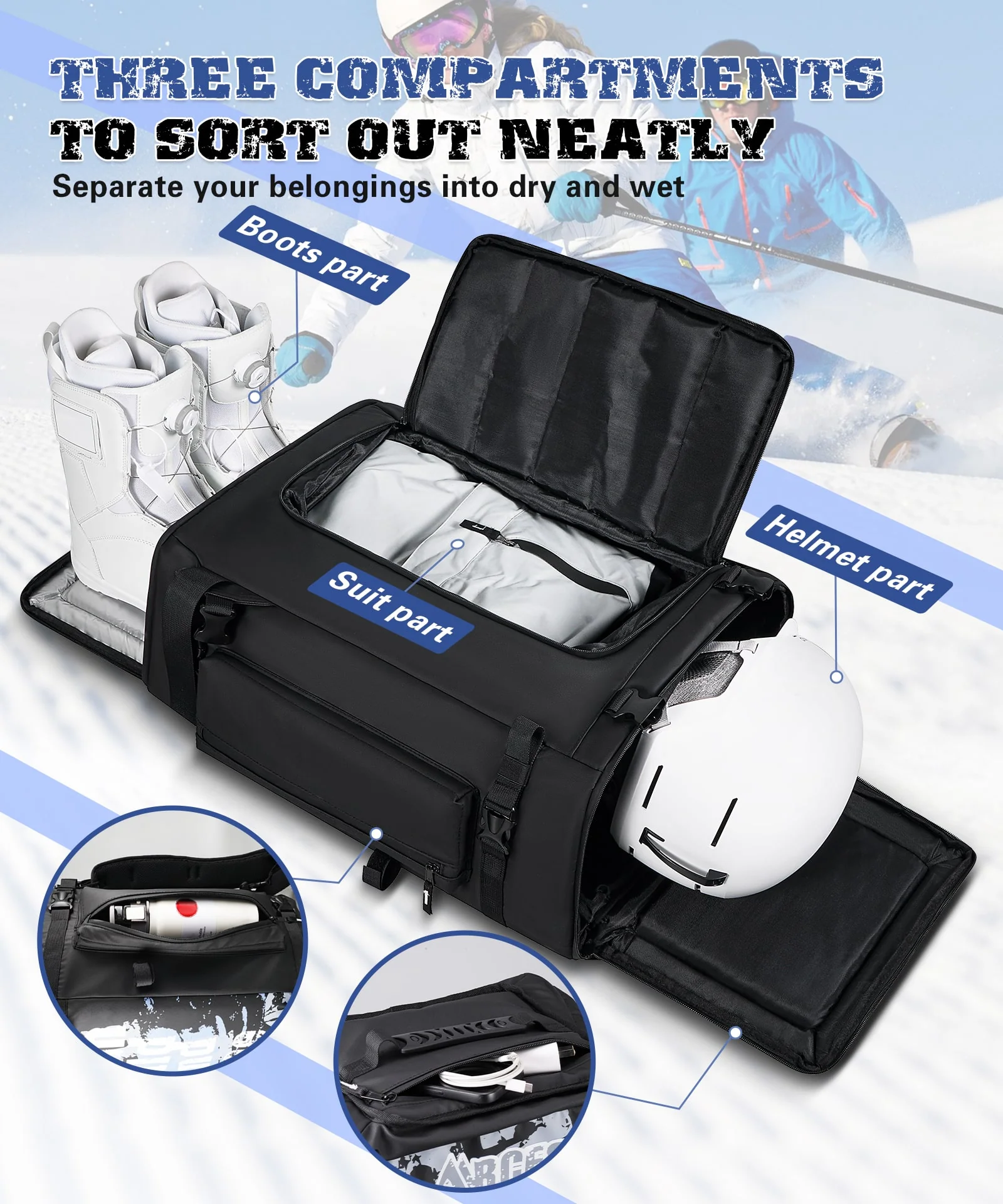 ARCFOX Ski Snowboard Boot Luggage Gear Bag Backpack 60L Separated 3 Department for Ski Helmet Goggles Gloves Skis Snowboard - Image 5
