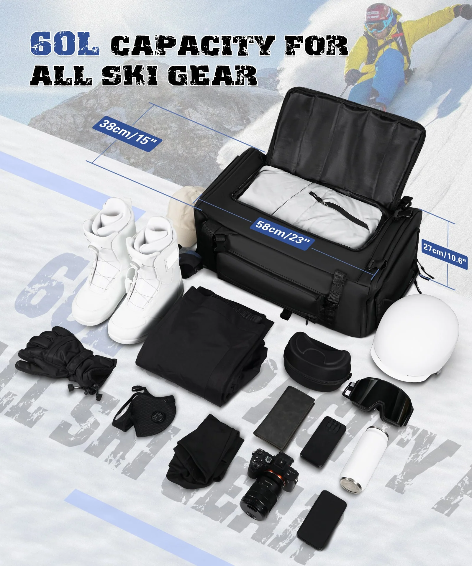 ARCFOX Ski Snowboard Boot Luggage Gear Bag Backpack 60L Separated 3 Department for Ski Helmet Goggles Gloves Skis Snowboard - Image 6