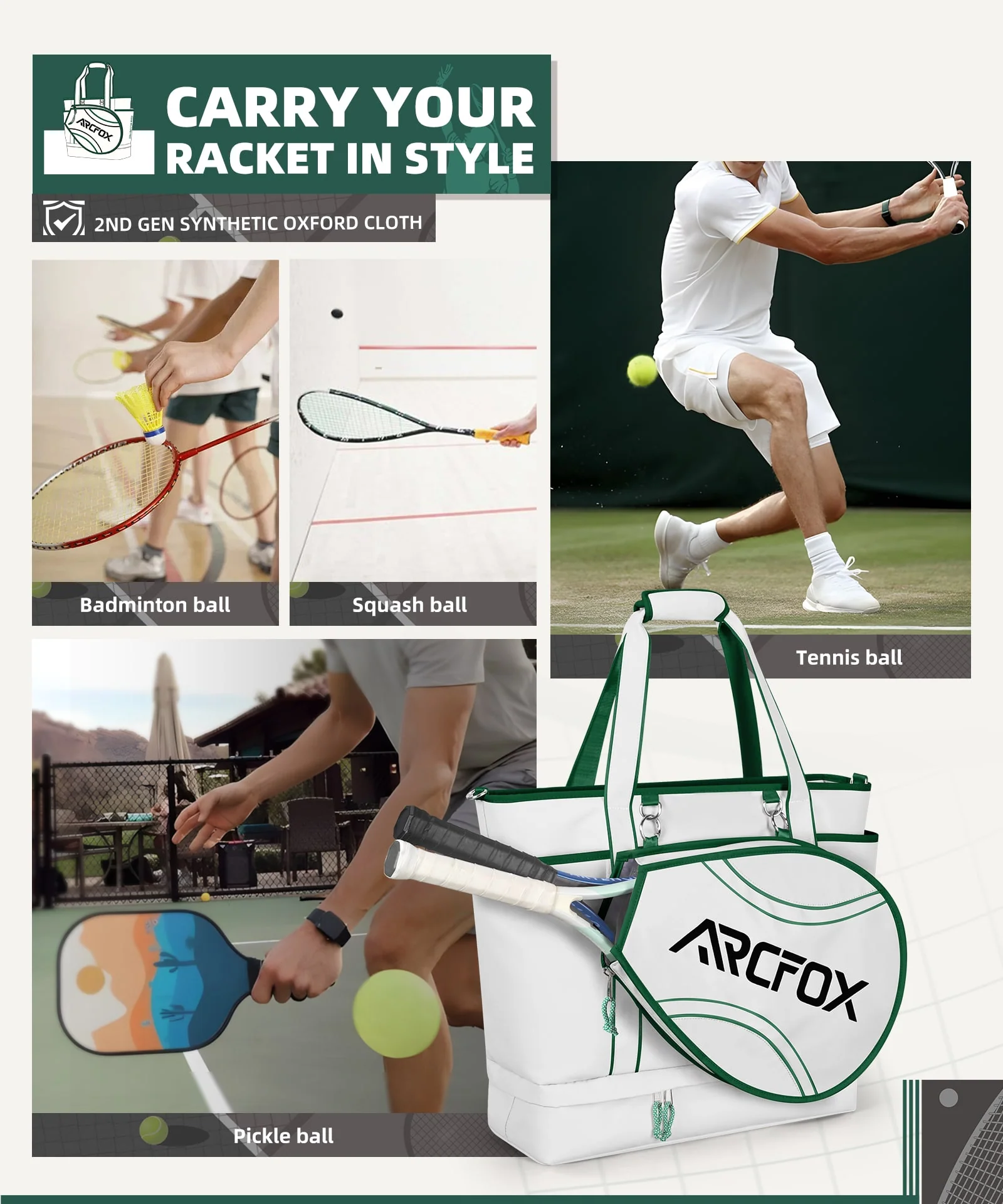 ARCFOX Tennis Tote Bag Tennis Racket Shoulder Bag Multifunction Large Capacity - Image 3