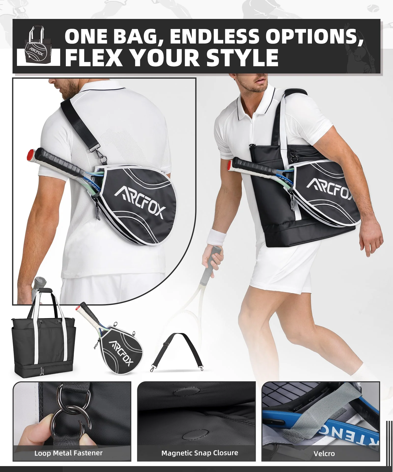ARCFOX Tennis Tote Bag Tennis Racket Shoulder Bag Multifunction Large Capacity - Image 4