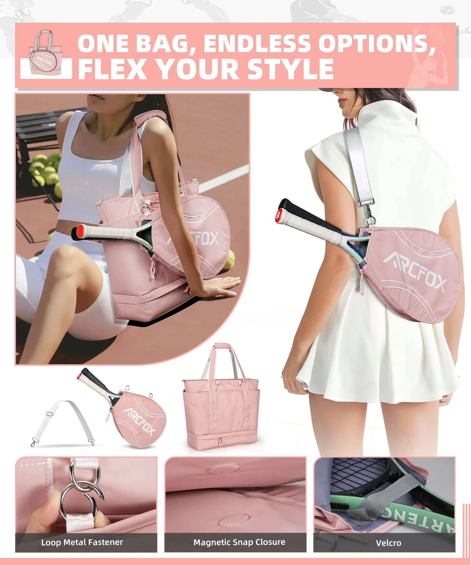 ARCFOX Tennis Tote Bag Tennis Racket Shoulder Bag Multifunction Large Capacity - Image 5