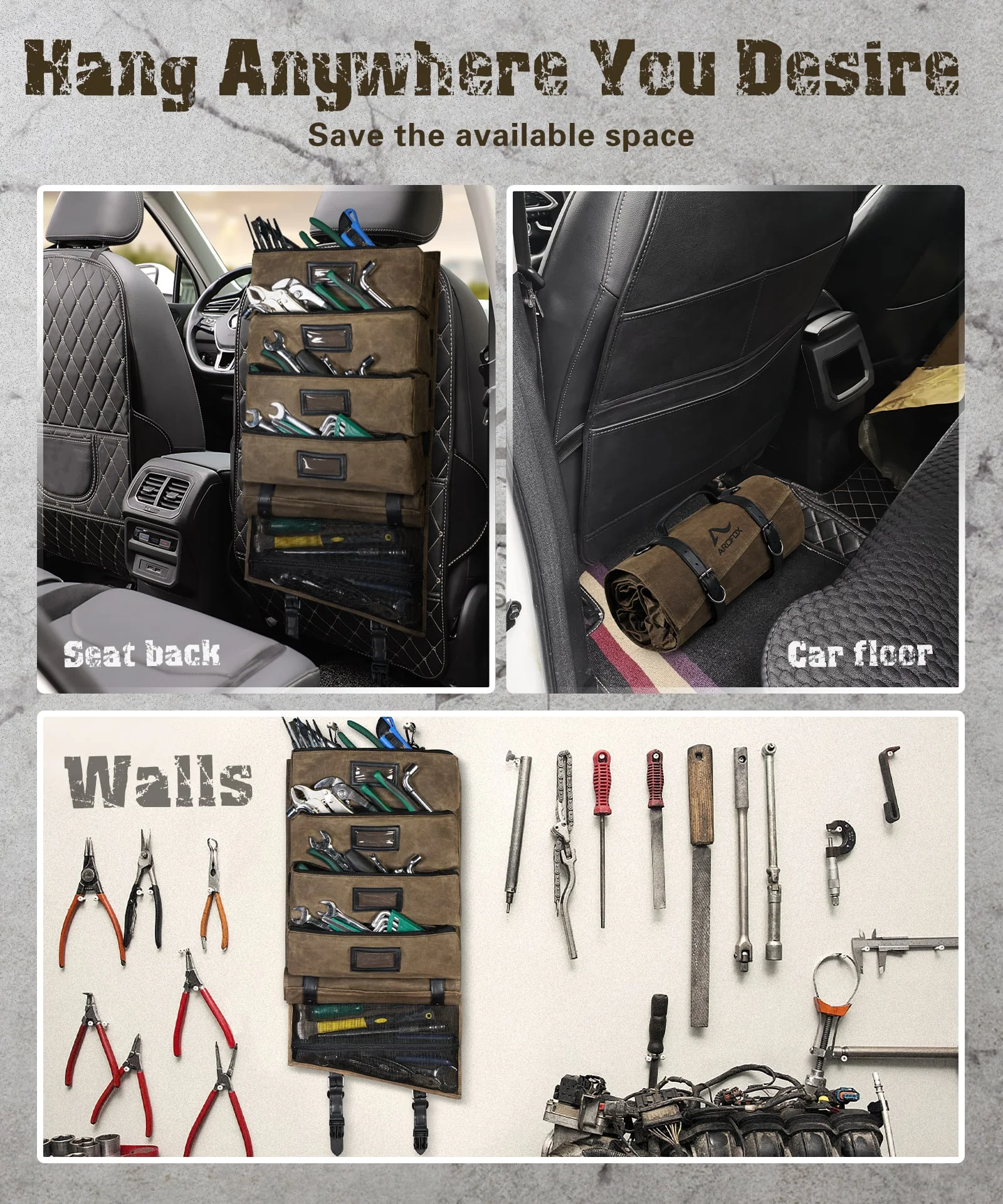 Tool Roll Up Bag Heavy Duty Oil Waxed Canvas Organizer with 5 Detachable Pouches Enlarged Size for Mechanics Electricians - Image 7