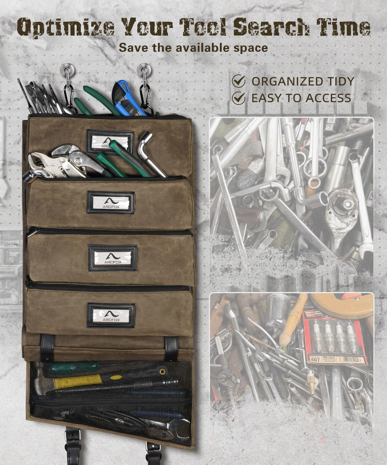 Tool Roll Up Bag Heavy Duty Oil Waxed Canvas Organizer with 5 Detachable Pouches Enlarged Size for Mechanics Electricians - Image 8