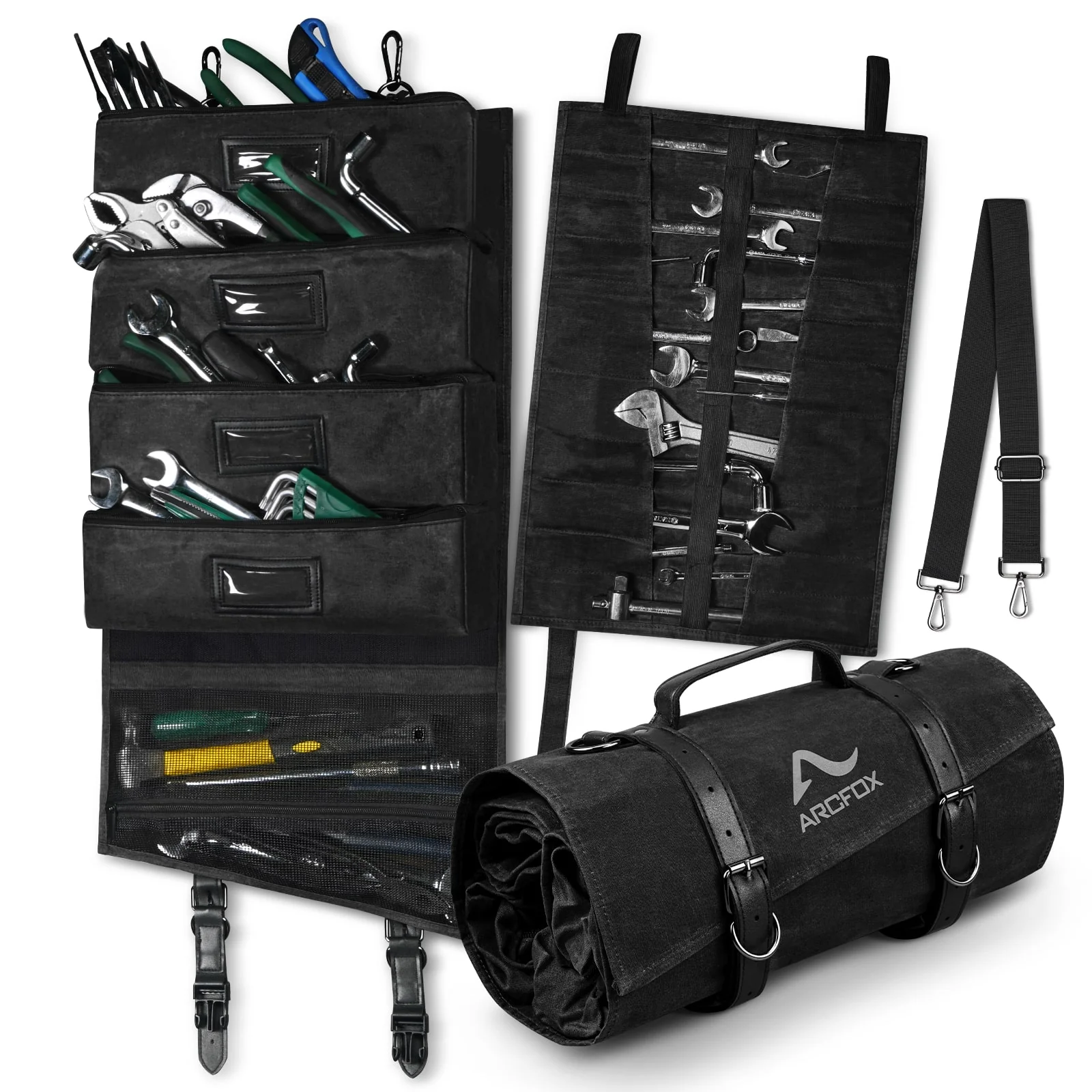 Tool Roll Up Bag Heavy Duty Oil Waxed Canvas Organizer with 5 Detachable Pouches Enlarged Size for Mechanics Electricians - Image 9