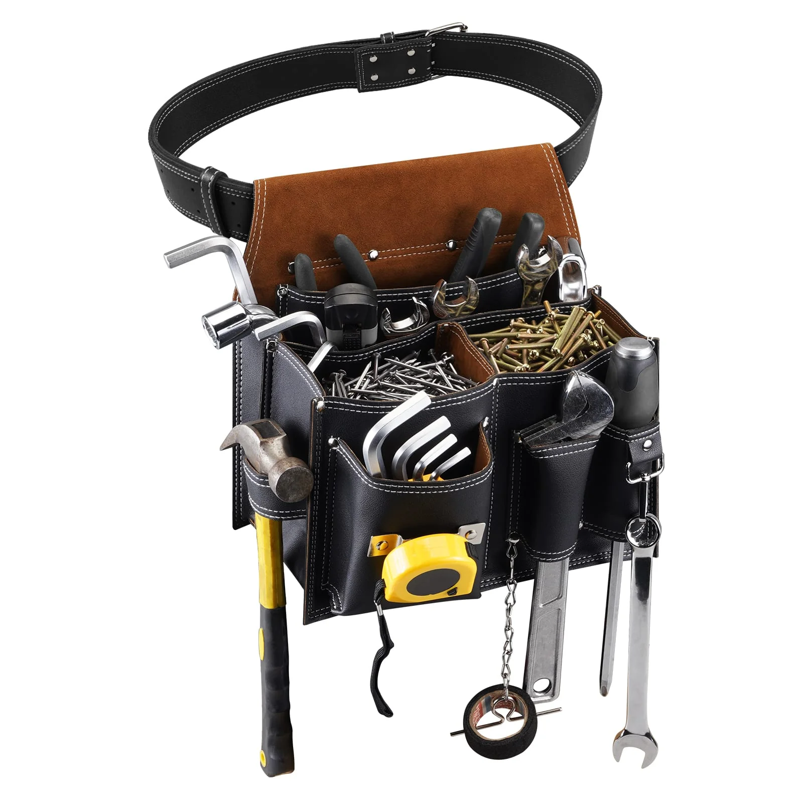 ARCFOX Vintage Leather Tool Pouch Bag with Belt 10 Pockets with Large Compartment Utility Pouches for Mechanics Electricians - Image 12