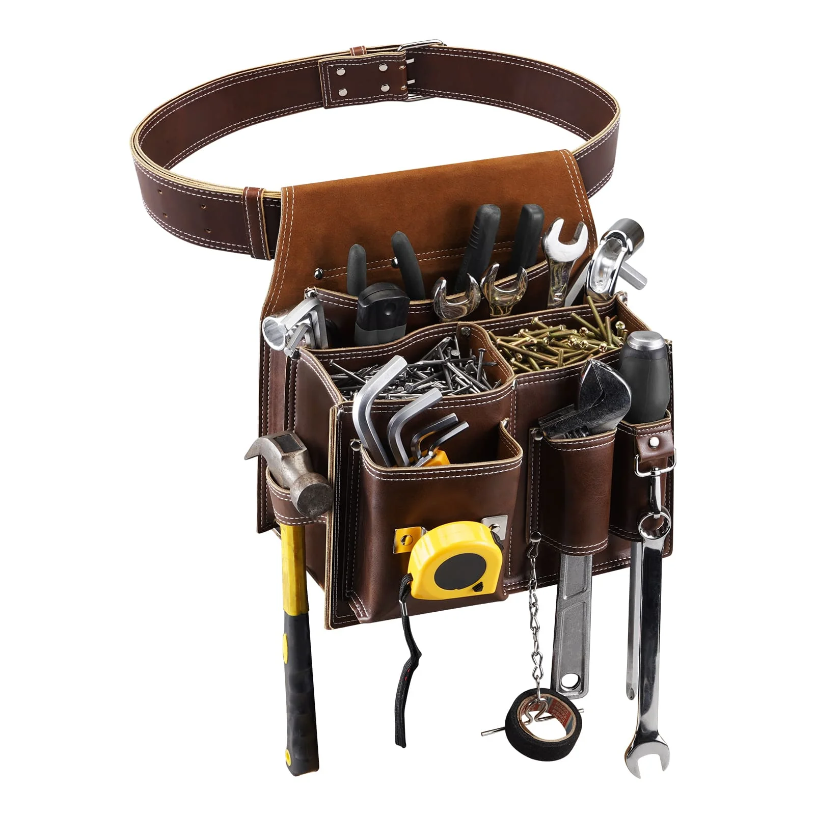ARCFOX Vintage Leather Tool Pouch Bag with Belt 10 Pockets with Large Compartment Utility Pouches for Mechanics Electricians - Image 5