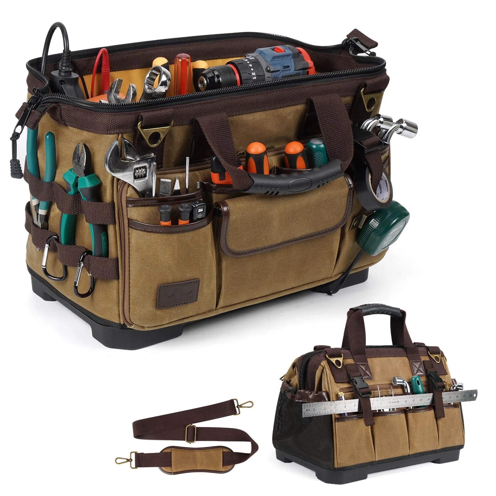ARCFOX Vintage Waxed Canvas 16 Inch Mechanic Electrician 31 Pockets Tool Bag - Image 4