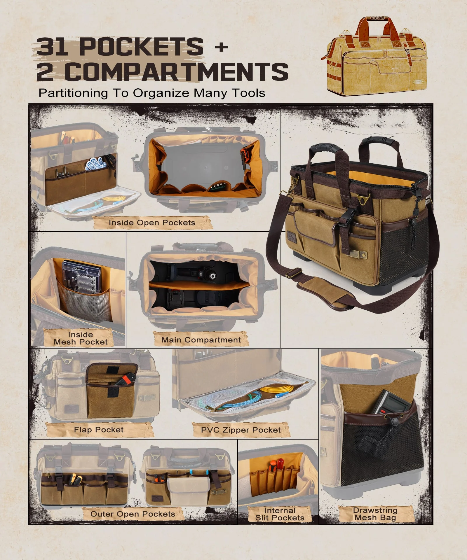 ARCFOX Vintage Waxed Canvas 16 Inch Mechanic Electrician 31 Pockets Tool Bag - Image 7
