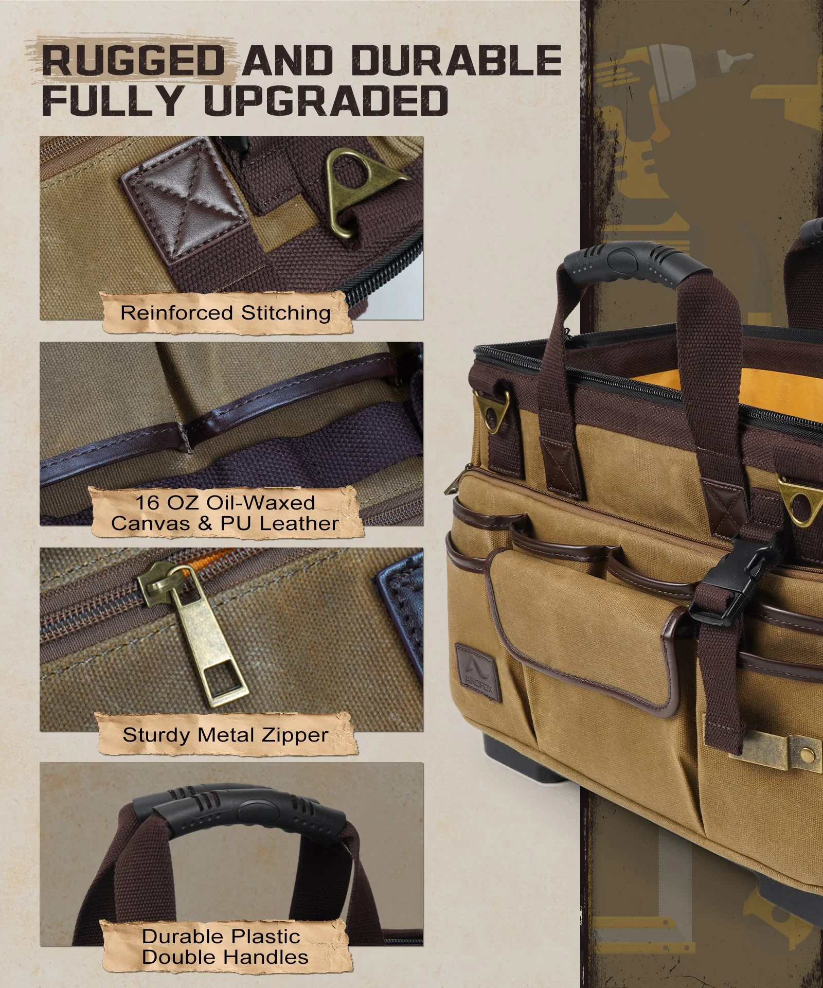 ARCFOX Vintage Waxed Canvas 16 Inch Mechanic Electrician 31 Pockets Tool Bag - Image 8