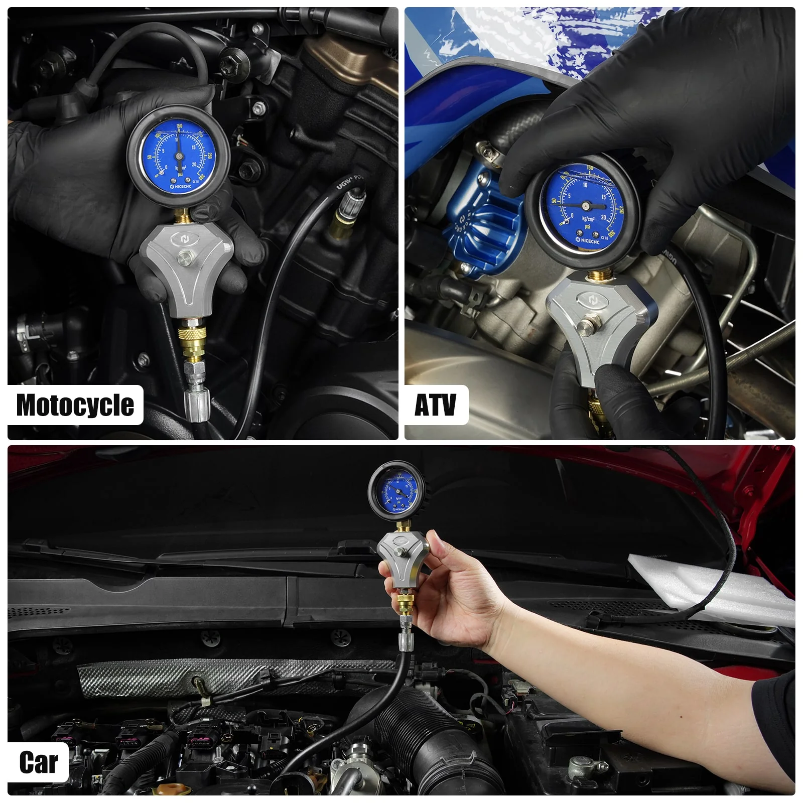 Engine Compression Tester with 10 12 14 mm Adapters For Motorcycle ATV - Image 2
