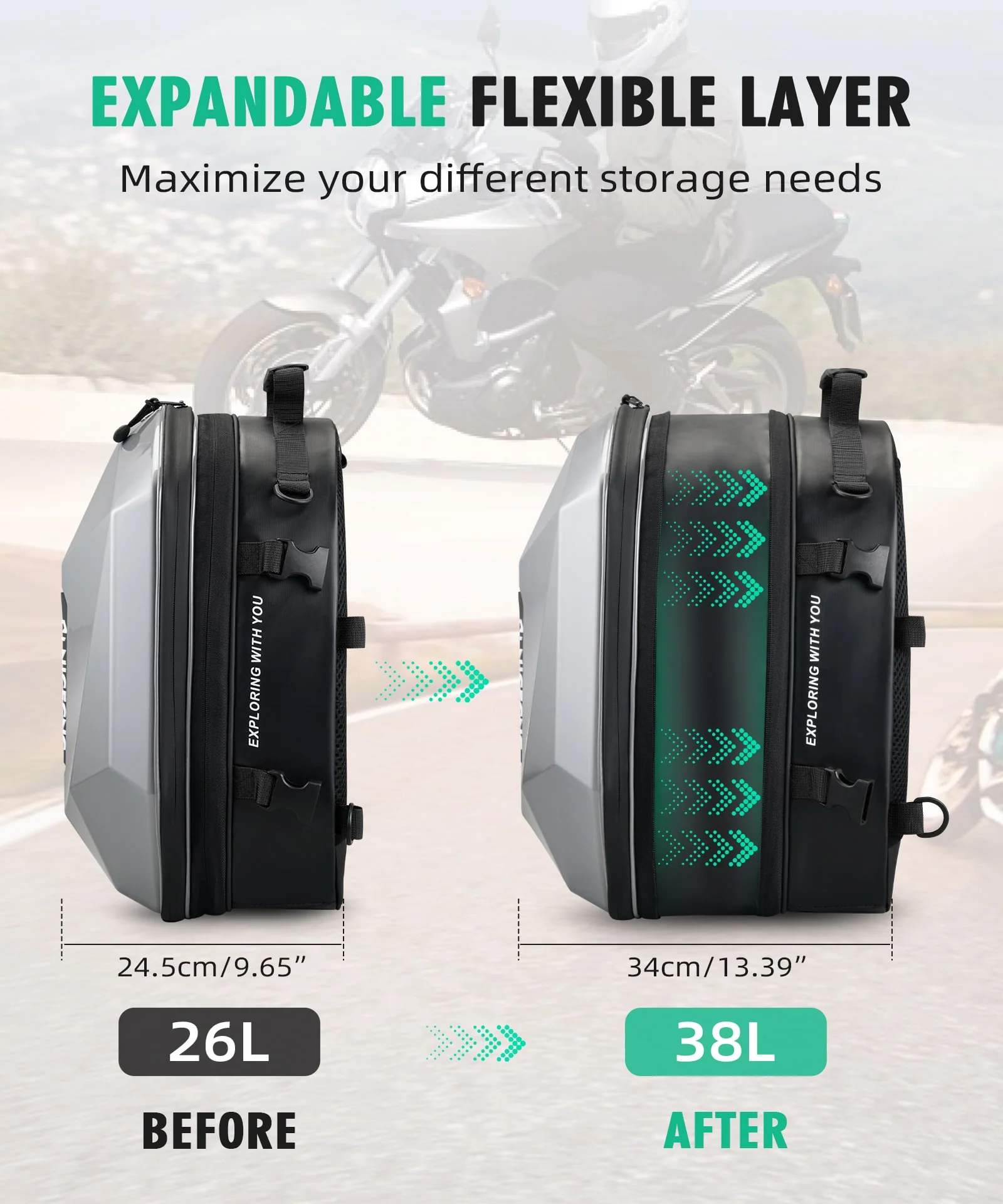 Motorcycle Backpack Hardshell 38L Expandable Tail & Helmet Bag - Image 6