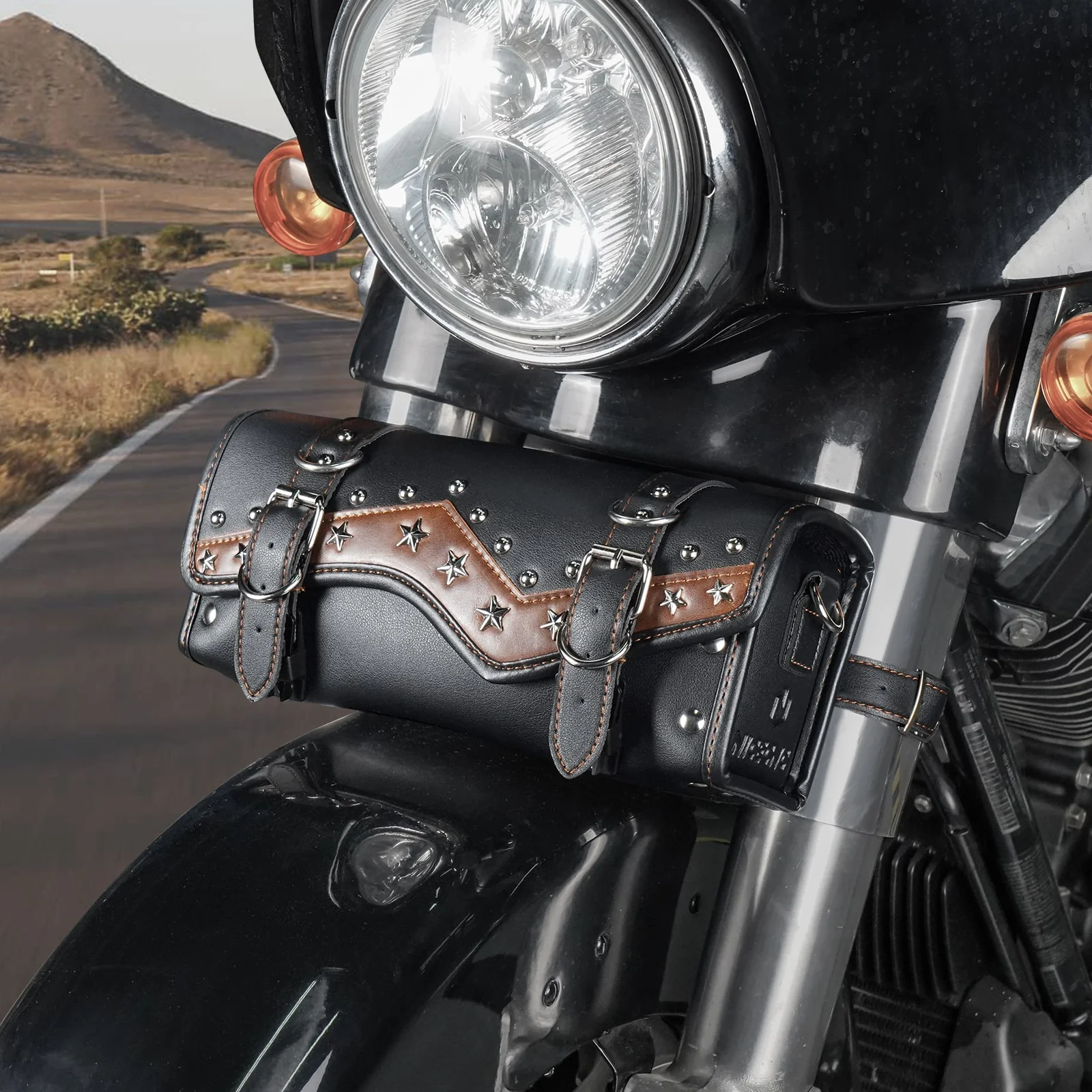 Motorcycle Handlebar Bag Star Rivet Cowhide Texture PU leather - Image 4