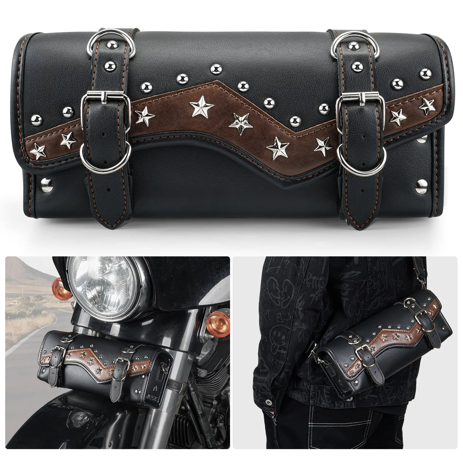 Motorcycle Handlebar Bag Star Rivet Cowhide Texture PU leather - Image 5