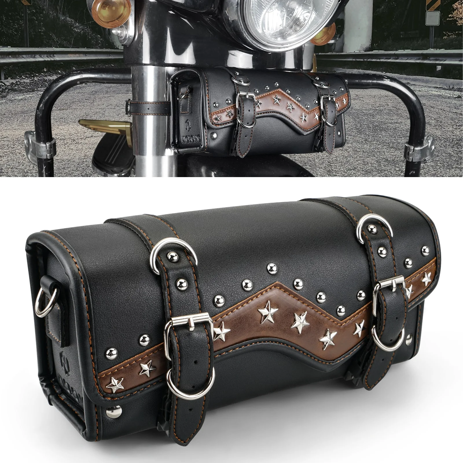 Motorcycle Handlebar Bag Star Rivet Cowhide Texture PU leather - Image 9