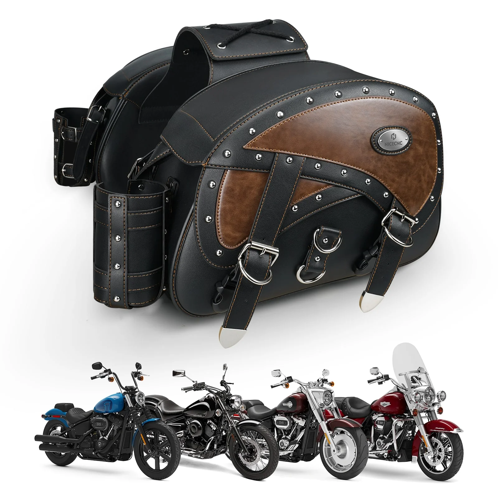 Motorcycle Saddlebags 35L Heavy Duty Leather Waterproof with Cup Holders For Cruiser Softail Dyna Road King - Image 13