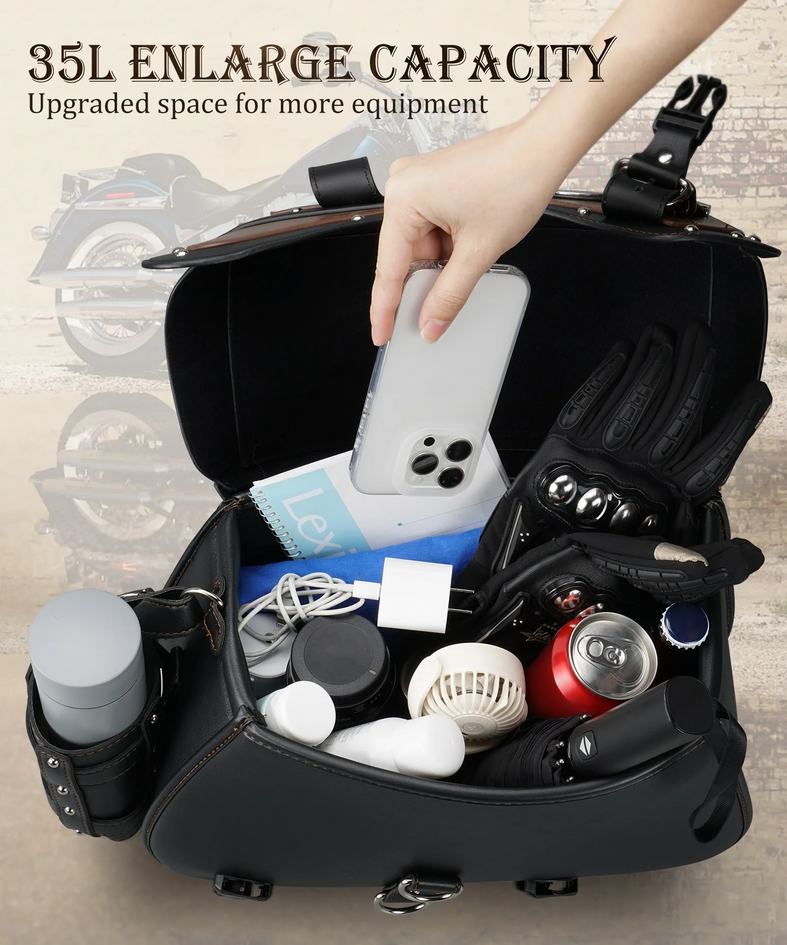 Motorcycle Saddlebags 35L Heavy Duty Leather Waterproof with Cup Holders For Cruiser Softail Dyna Road King - Image 8