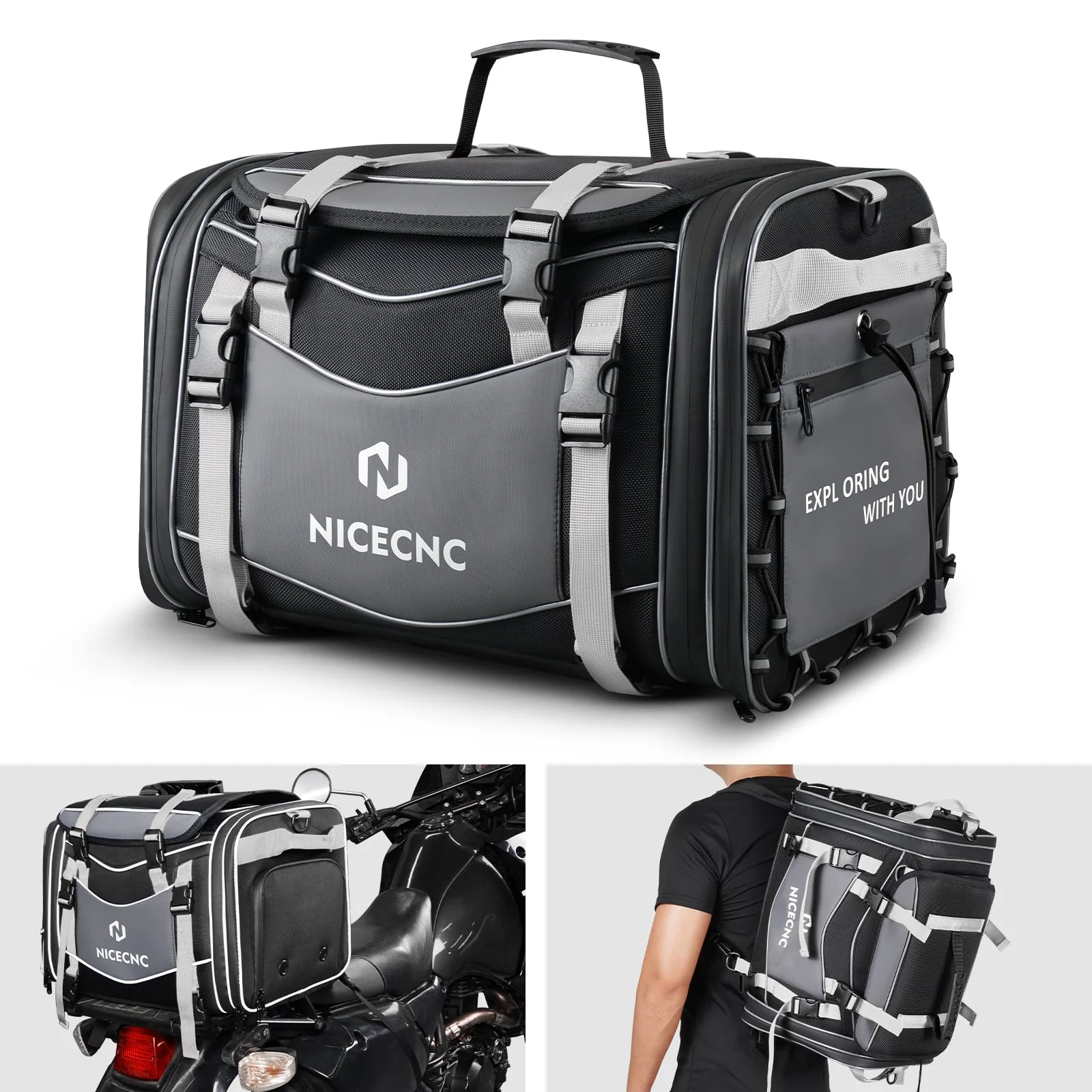 Multi-functional Motorcycle Tail Bag 53L Expandable Luggage Rack Bag Trunk Helmet Storage Bag - Image 3