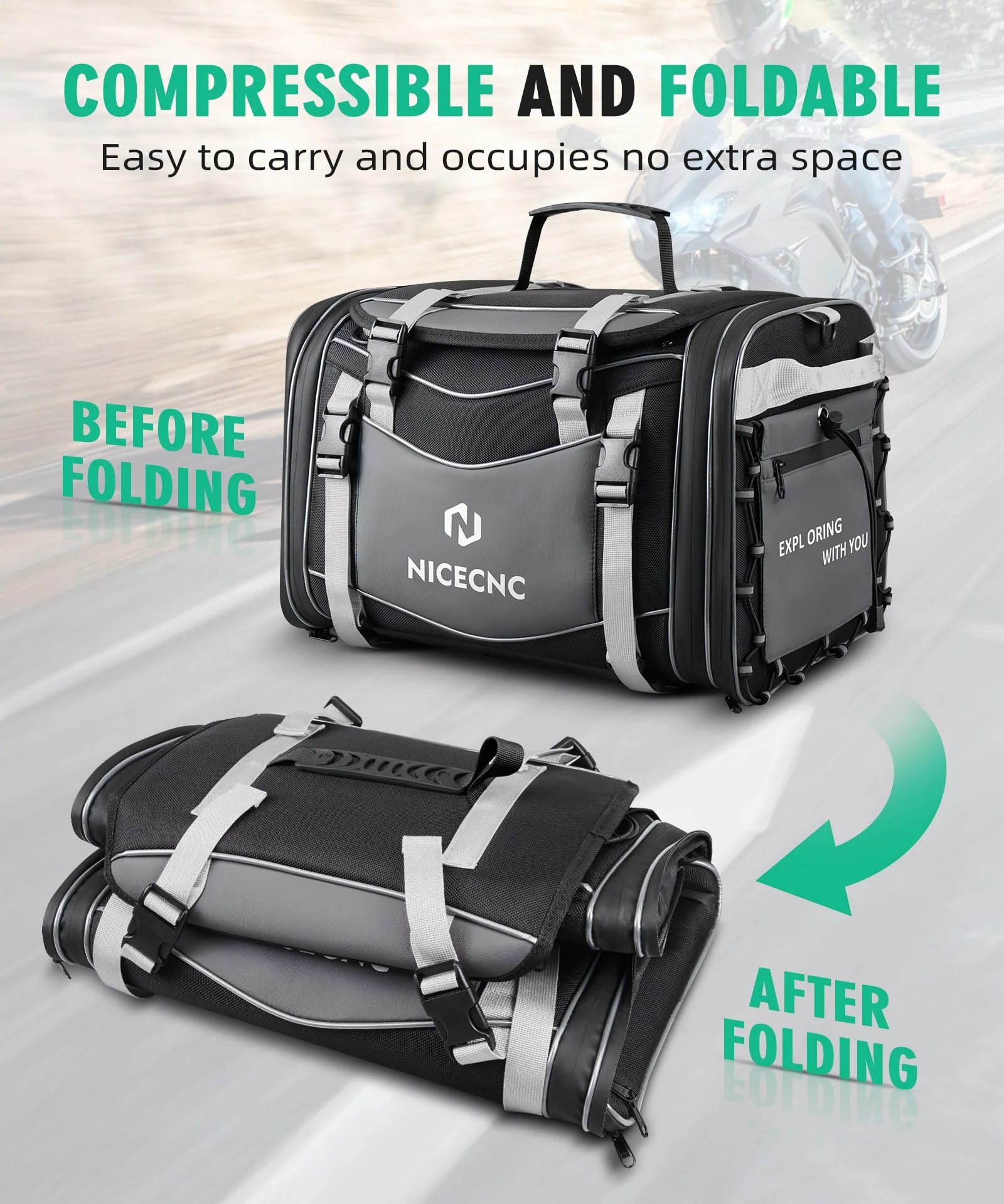 Multi-functional Motorcycle Tail Bag 53L Expandable Luggage Rack Bag Trunk Helmet Storage Bag - Image 8