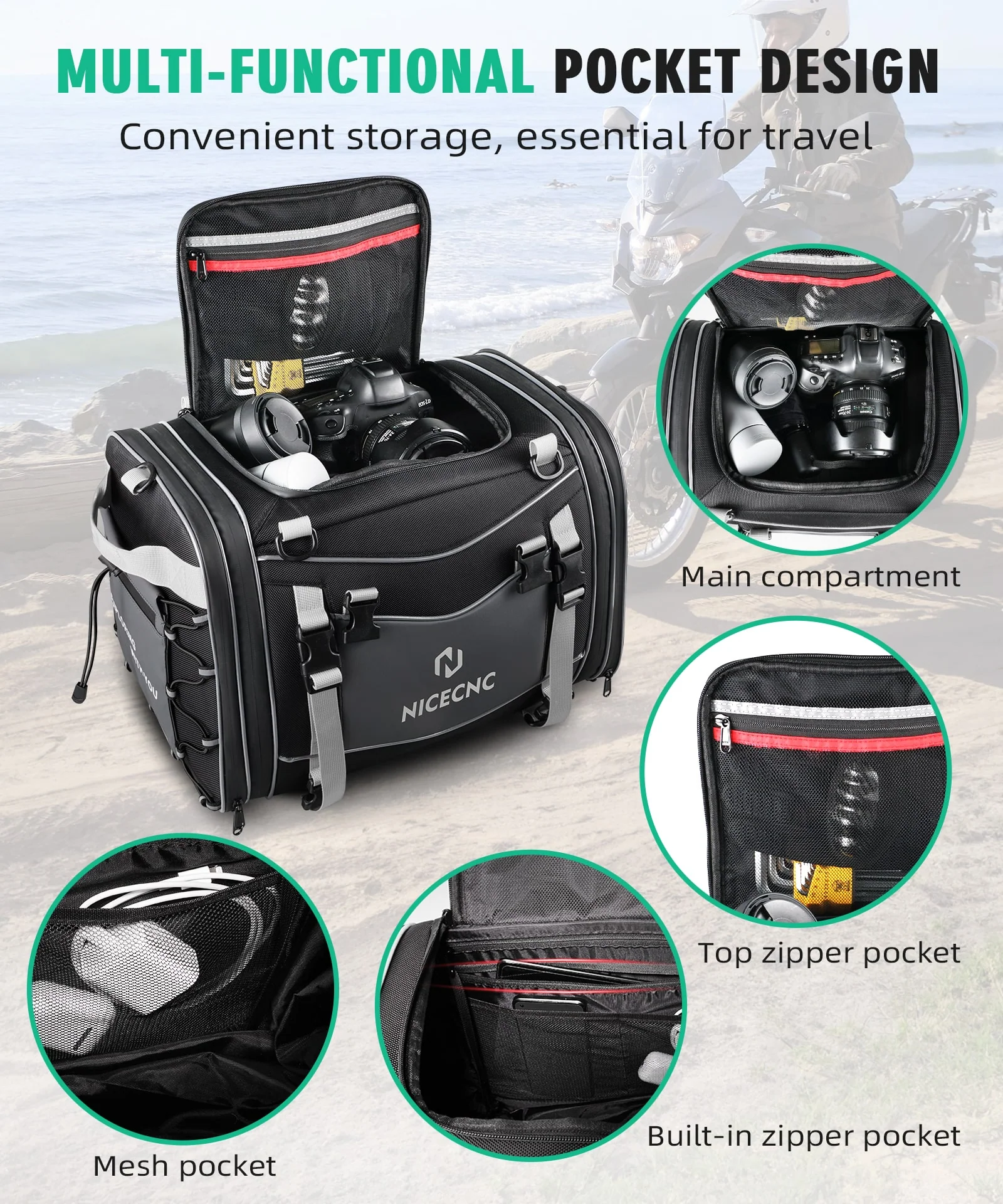 Multi-functional Motorcycle Tail Bag 53L Expandable Luggage Rack Bag Trunk Helmet Storage Bag - Image 9