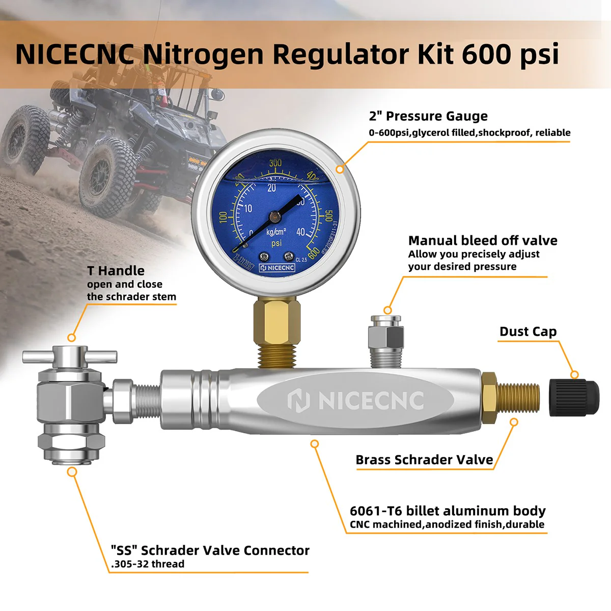 600PSI Regulator Kit No Loss Chuck Nitrogen Filling Tool For Schrader Valve Shock Off-Road Bikes, ATVs, UTVs - Image 4