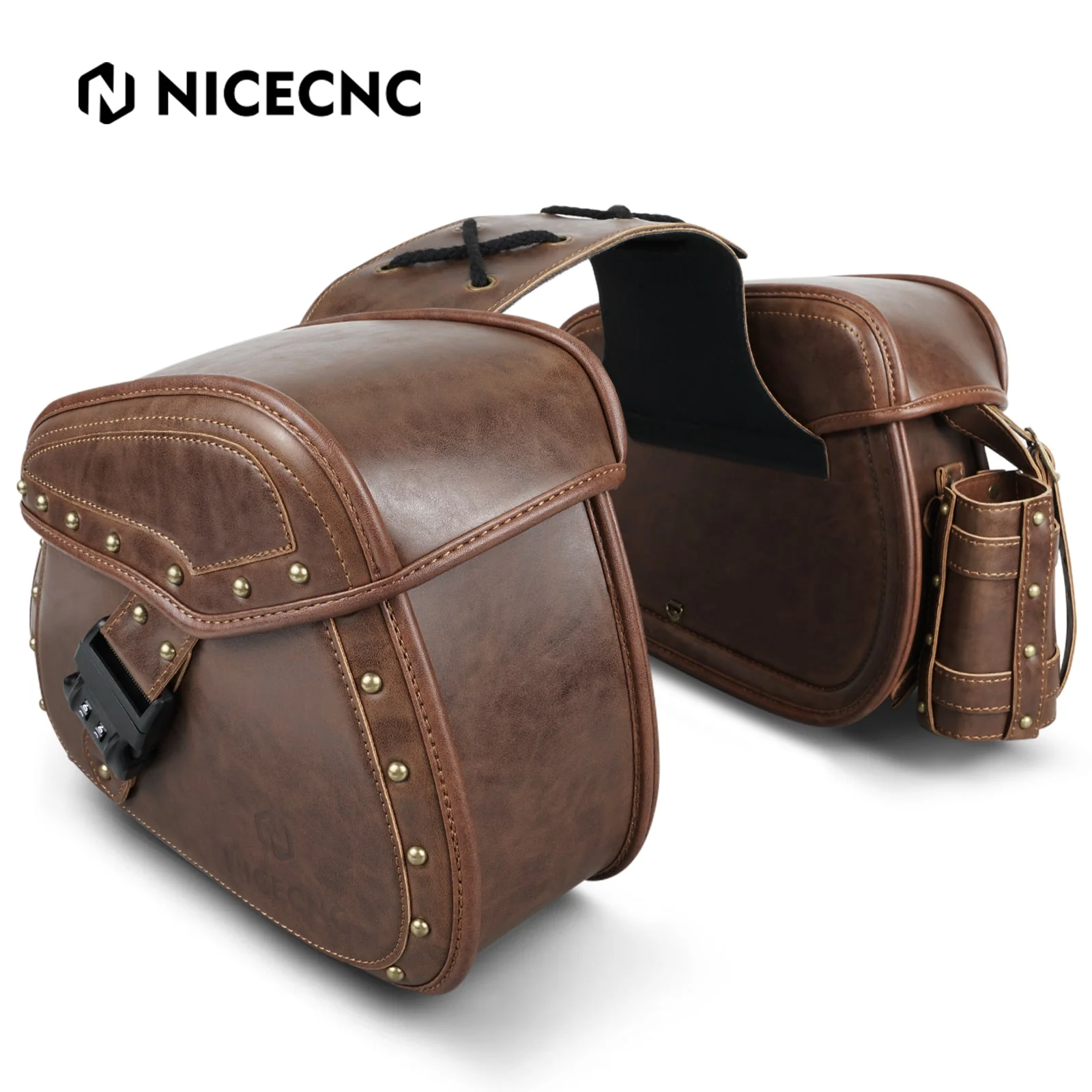 PU leather Motorcycle Saddle Bags with Cup Holder & Lock for Universal Motorcycle - Image 5