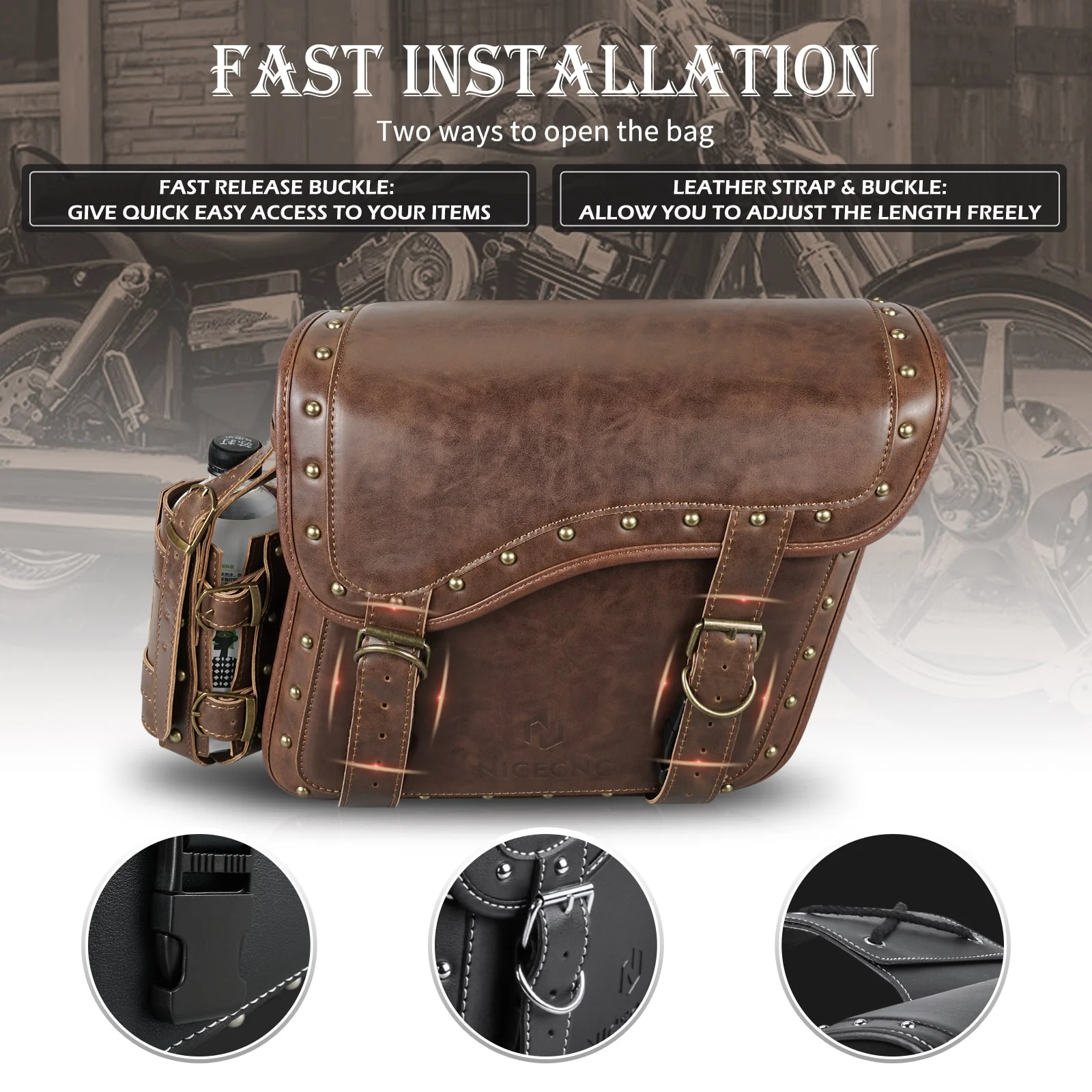 Saddle Bags PU leather Reinforced Straps & Saddle Piece with Cup Holder - Image 9