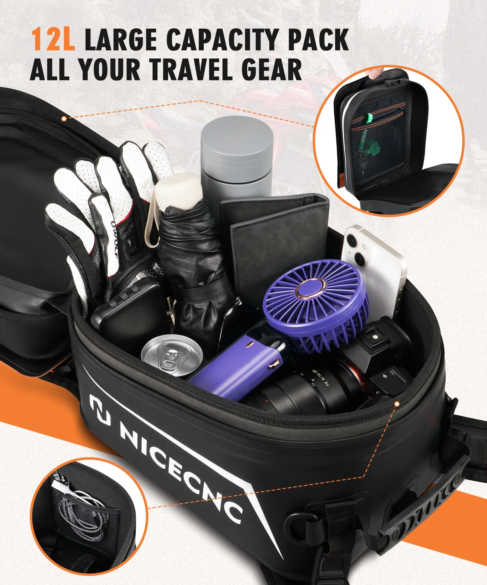 Universal Motorcycle 12L Tank Bag with 14 Inch Touchscreen Detachable Base Waterproof For Adventure Dual Sport Street Bike Cruiser - Image 8