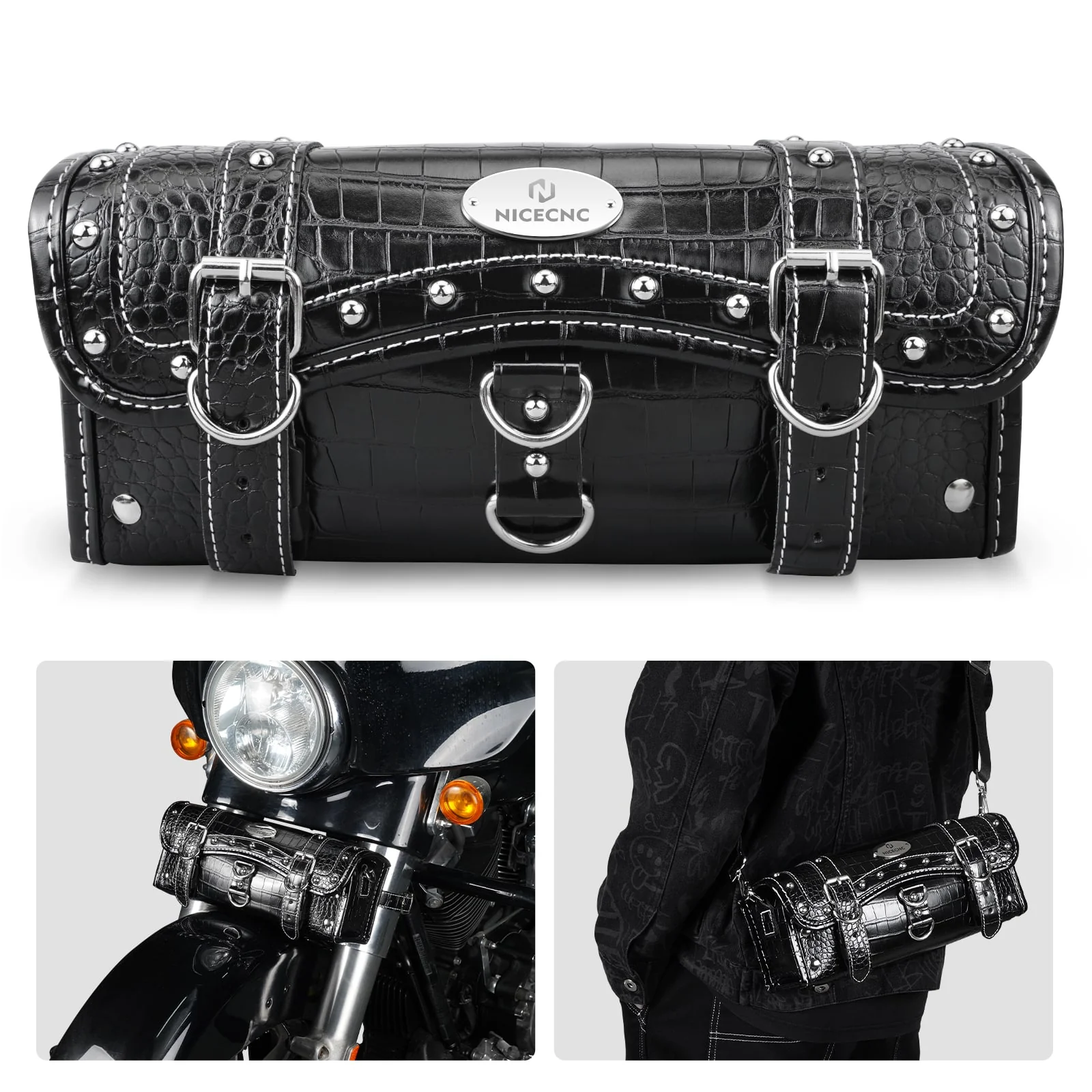 Vintage Motorcycle Handlebar Front Fork Bag Crocodile Texture PU Leather - Image 6