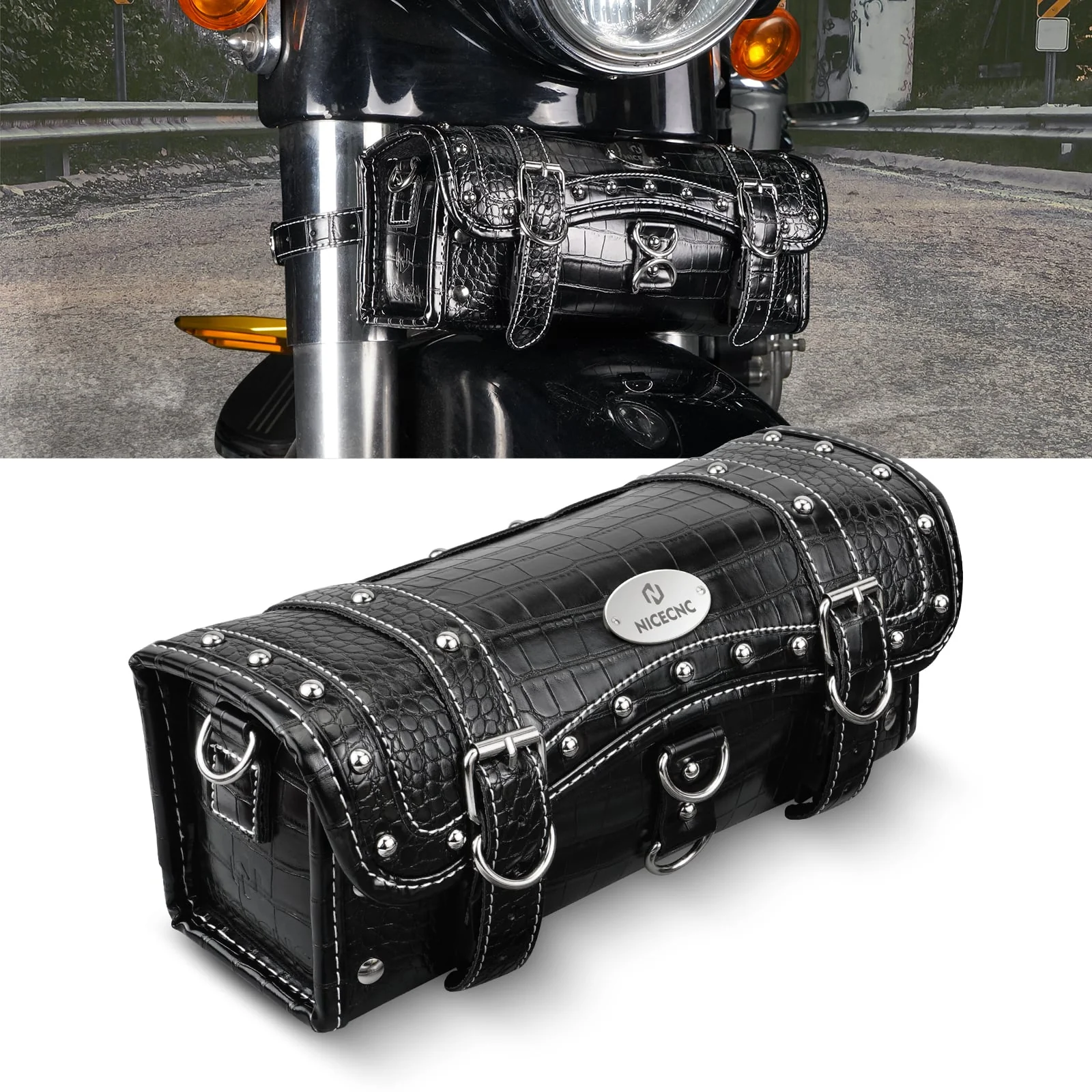 Vintage Motorcycle Handlebar Front Fork Bag Crocodile Texture PU Leather - Image 7